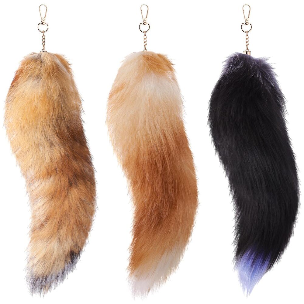 2477 3 Pcs Halloween Huge Fluffy Real Fox Tail Fur Keychain Tail Keychain